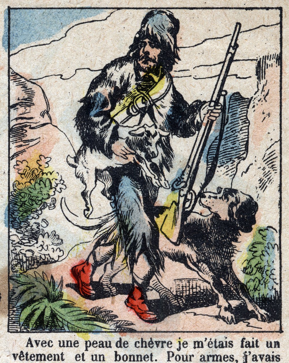 Ilustração para o Livro de Daniel Defoe (De foe) "Robinson Crusoe". Imagens epinais do final do século XIX. de French School