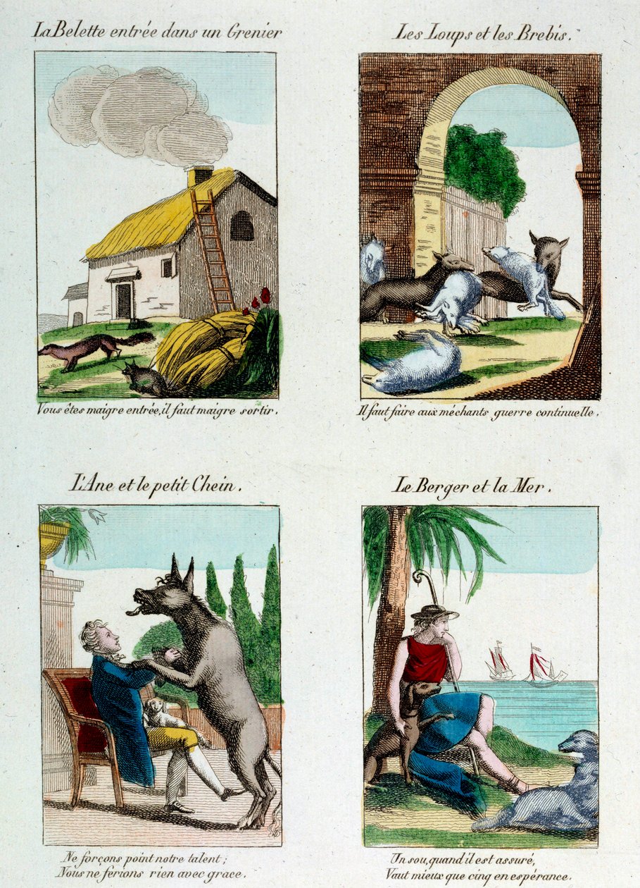Quadro de ilustração das fábulas de Jean de La Fontaine (1621-1695): doninha entrou num sótão, lobos e ovelhas, burro e cão, pastor e mar. Gravura de French School