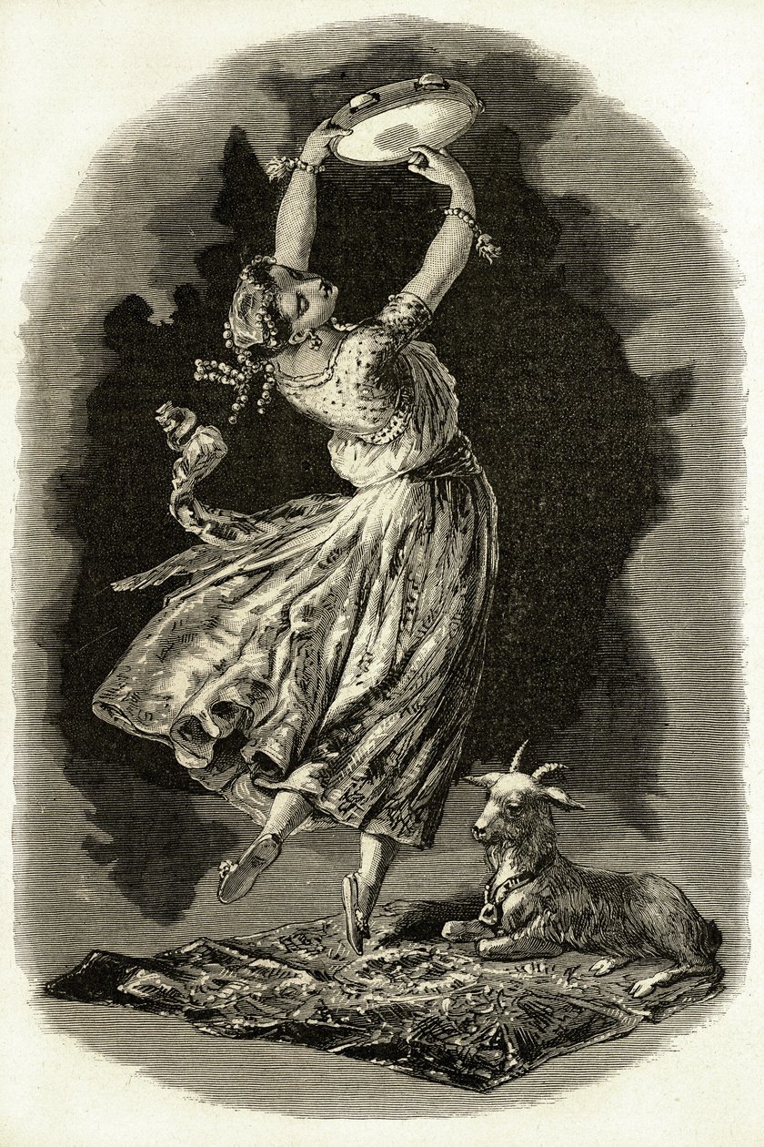 Ilustração para "Notre-Dame de Paris" de Victor Hugo: Esmeralda dança tocando tamborim ao lado de sua cabra, no início do século 20 (litho) de French School