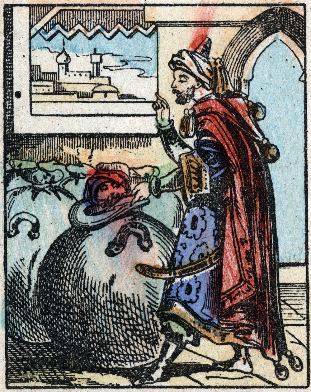 Ilustração para os Contos das Mil e Uma Noites. Ali-Baba (Ali Baba). Gravura em madeira de Imaging Pellerin - Epinal, sd. Final do século XIX. de French School
