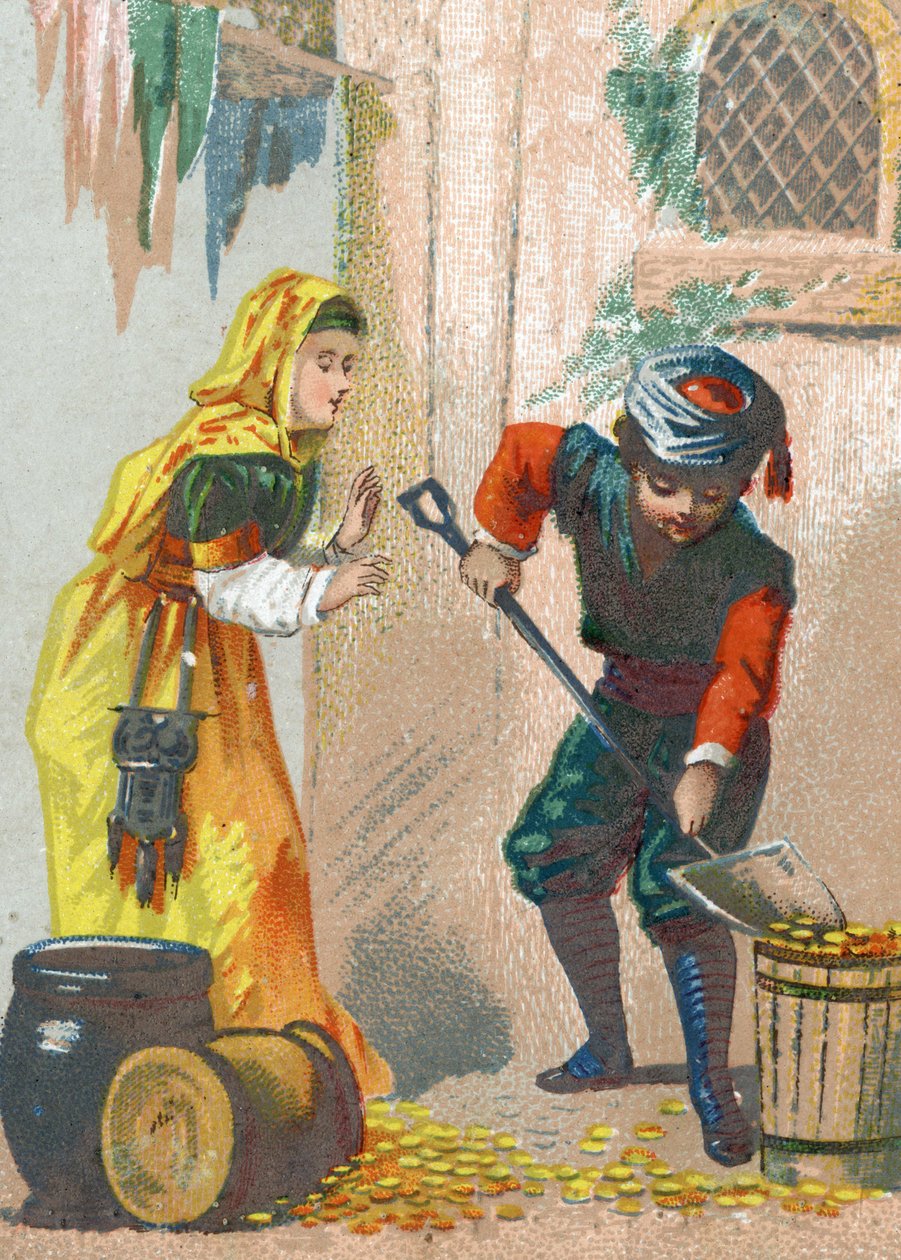 Ilustração para os Contos das Mil e Uma Noites. Ali-Baba (Ali Baba) carrega seus burros dourados e volta para casa, Chromolithography por volta de 1890. de French School