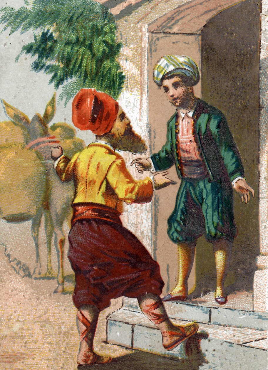Ilustração para os Contos das Mil e Uma Noites. O capitão, decepcionado como comerciante de petróleo e seguido por 19 mulas carregando cada uma de dois grandes vasos, pede a hospitalidade de Ali-Baba (Ali Babá). Cromolitografia por volta de 1890. de French School