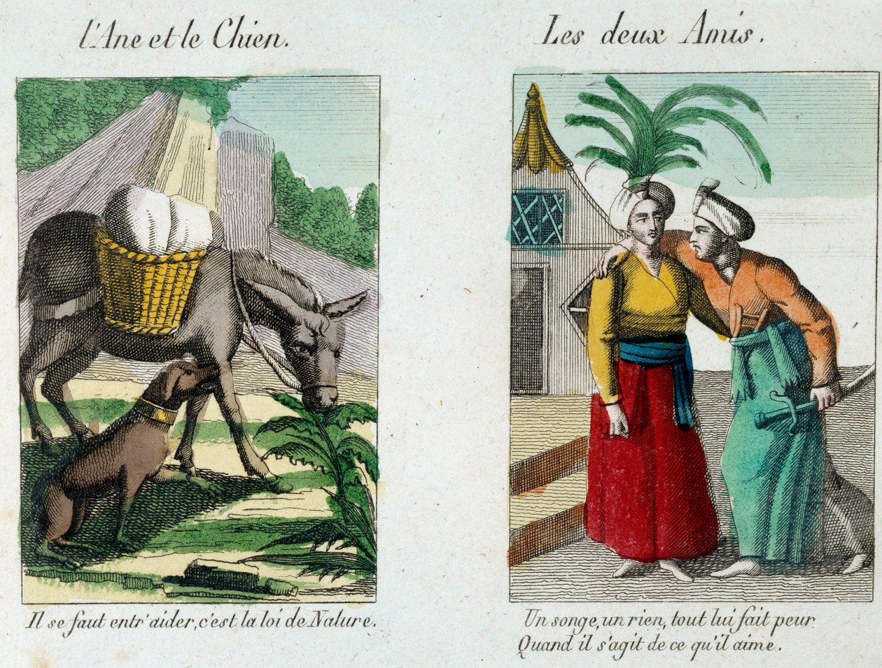 Ilustração para as fábulas de Jean de la Fontaine (1621-1695): esquerda "O burro e o cão" à direita "Les deux amis" Gravura do século XIX. Musee La Fontaine, Chateau Thierry de French School