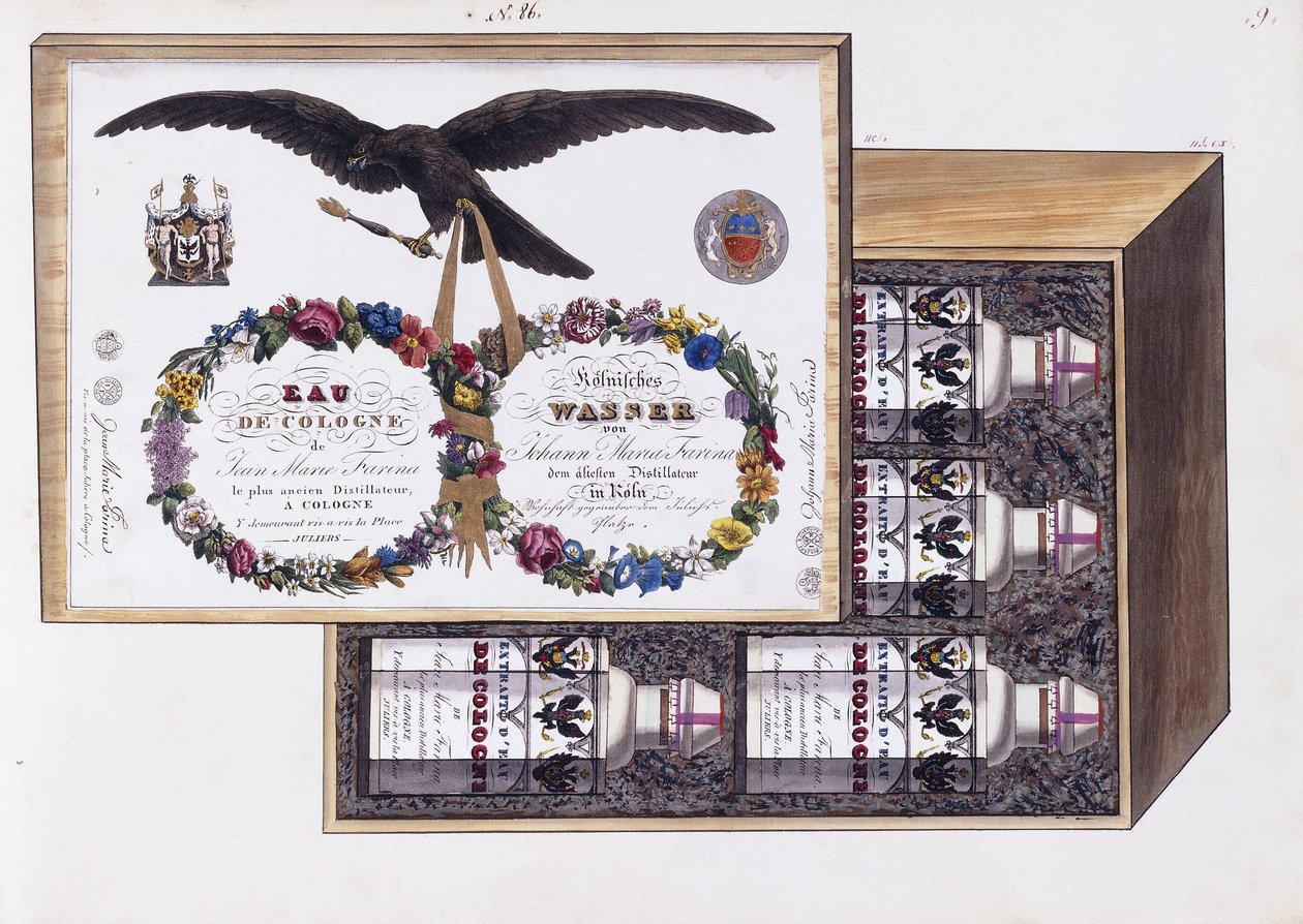 Ilustração para a embalagem de eau de Cologne, c.1825 (aquarela e cor do corpo) de French School