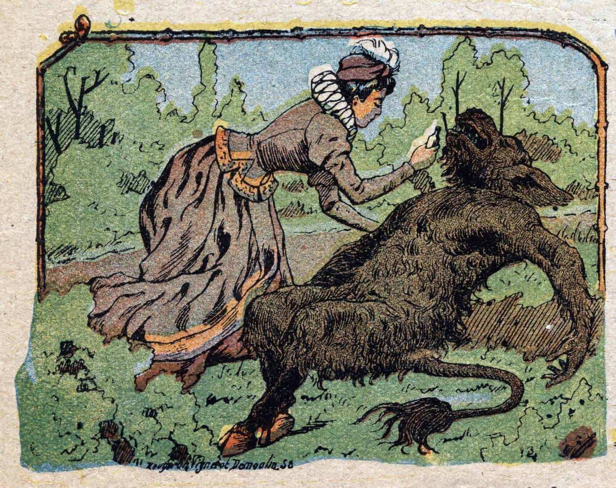 Ilustração para o conto "A Beleza e o Bete": a bela reanimou o bete desmaiado de dor quando se recusou a propor casamento. Gravura das imagens de Quinn, por volta de 1890. de French School