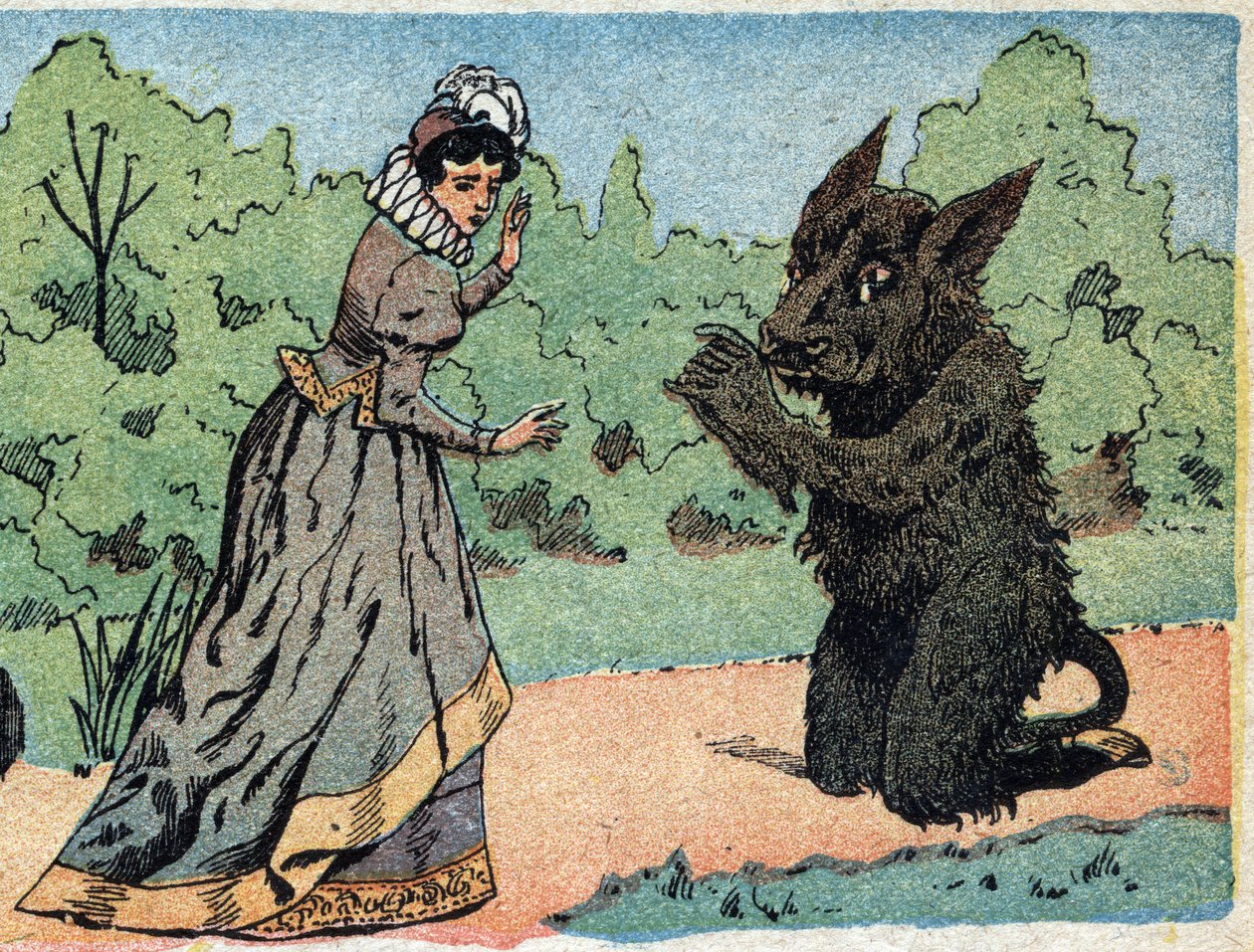 Ilustração para o conto "A Beleza e o Bete": o bete pergunta ao belo que de repente está assustado. Gravação das imagens de Quinn, por volta de 1890. de French School