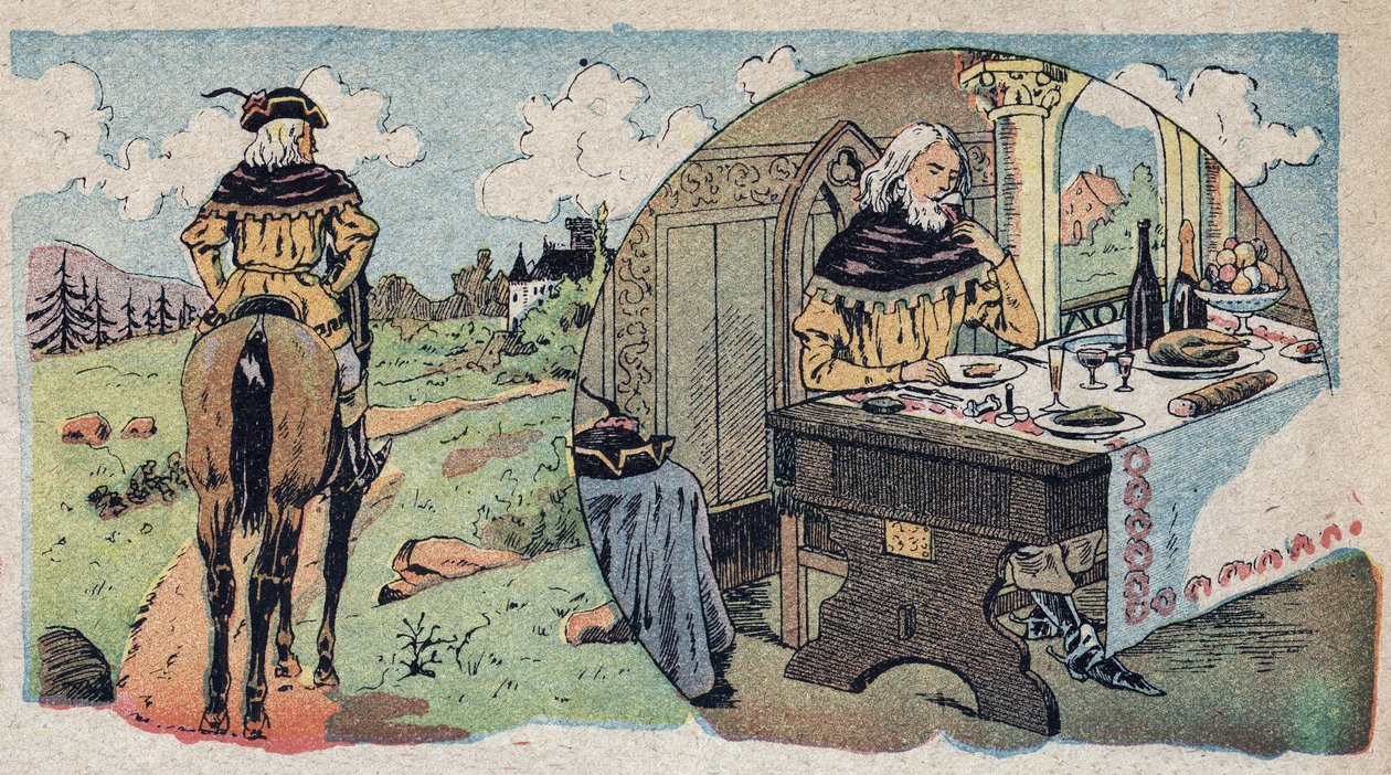 Ilustração do conto "A Beleza e o Bete": o comerciante perdeu-se na floresta - depois de entrar numa sala de jantar. Gravação da imagem de Quinn, por volta de 1890. de French School