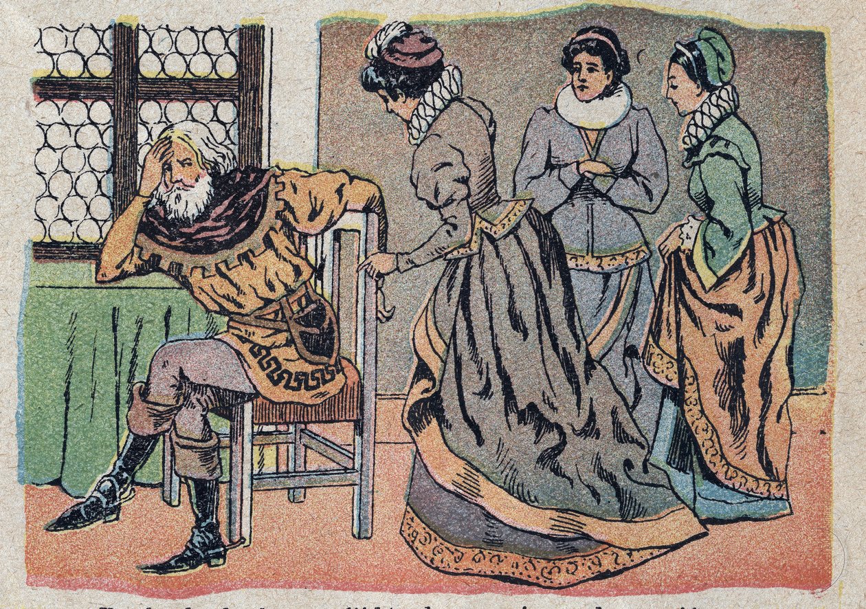 Ilustração para o conto "A Beleza e o Bete": o comerciante perdido na dor. Gravura das imagens de Quinn, por volta de 1890. de French School