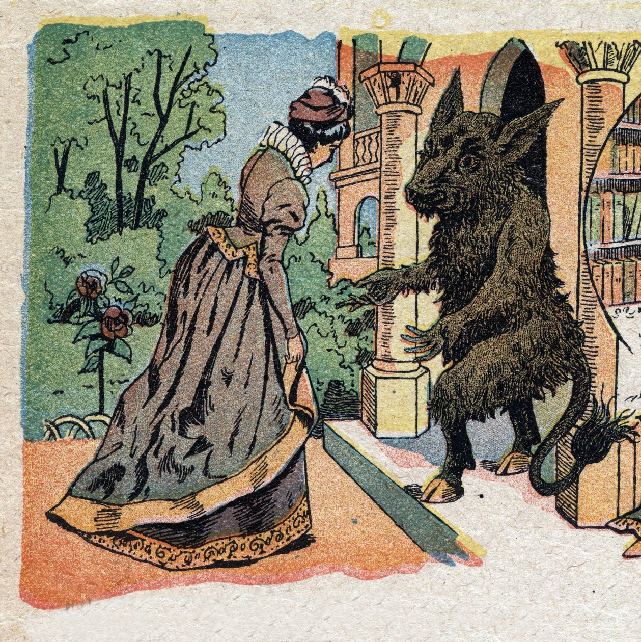 Ilustração para o conto "La Belle et la Bete": a bela chega ao castelo do Bete. Gravação das imagens de Quinn, por volta de 1890. de French School