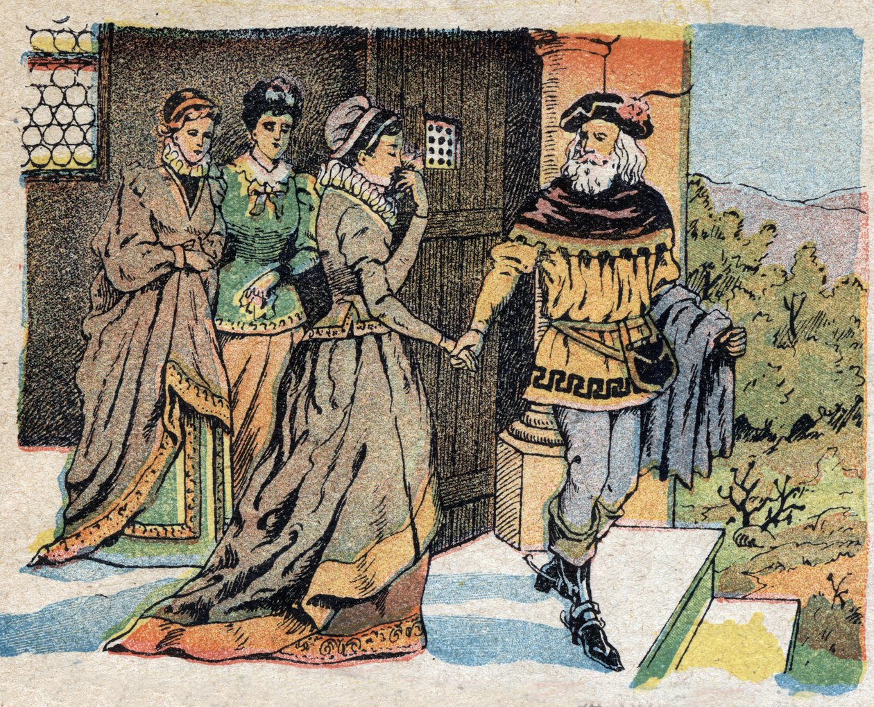 Ilustração do conto "La Belle et la Bete": o comerciante que partiu numa viagem despediu-se das suas três filhas e prometeu-lhes um presente no seu regresso. Gravação das imagens de Quinn, por volta de 1890. de French School