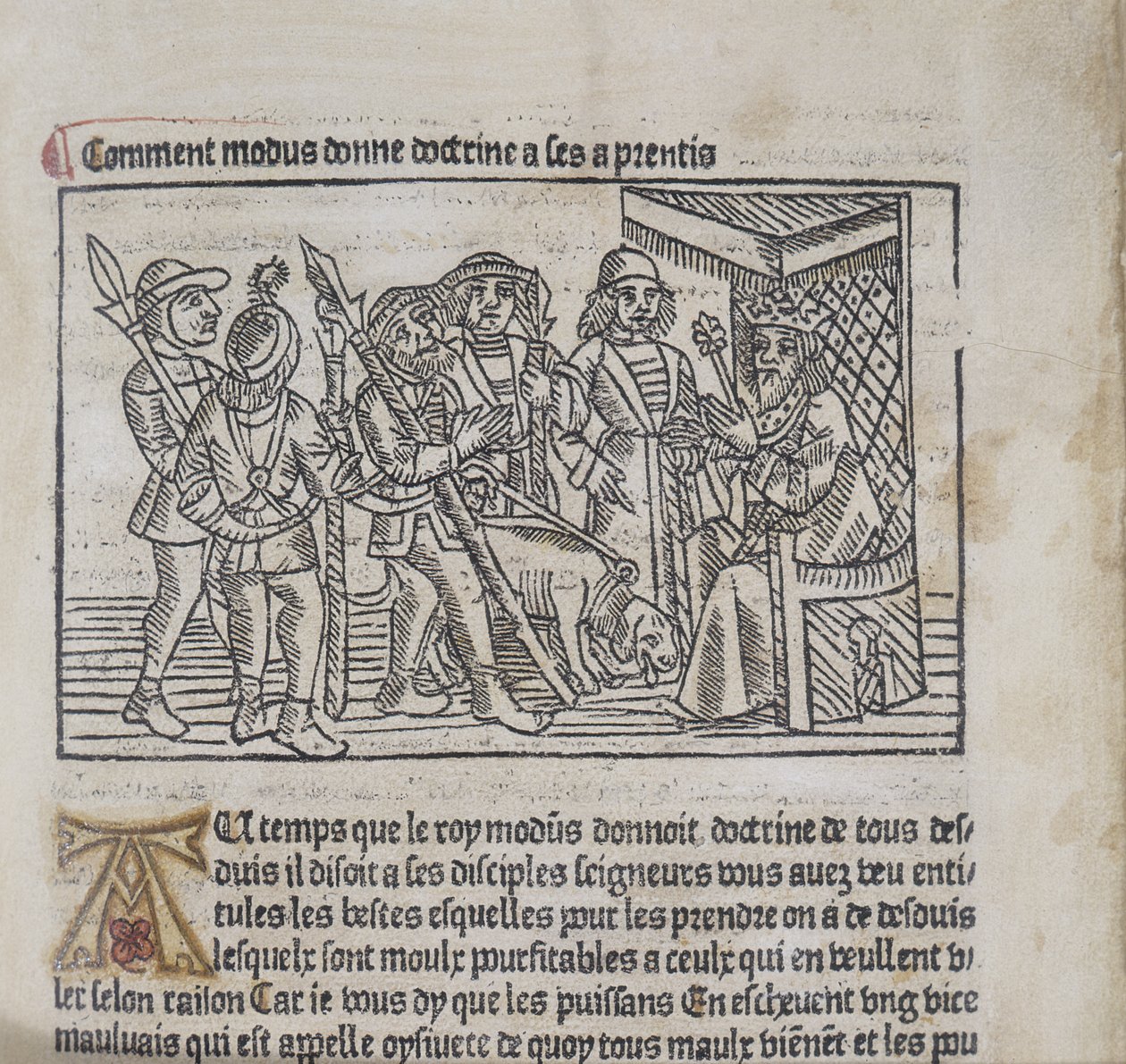 Ilustração de Le Livre du Roy Modus e de la Reine Racio de Henri Ferrieres, 1486 (xilogravura e tipografia) de French School