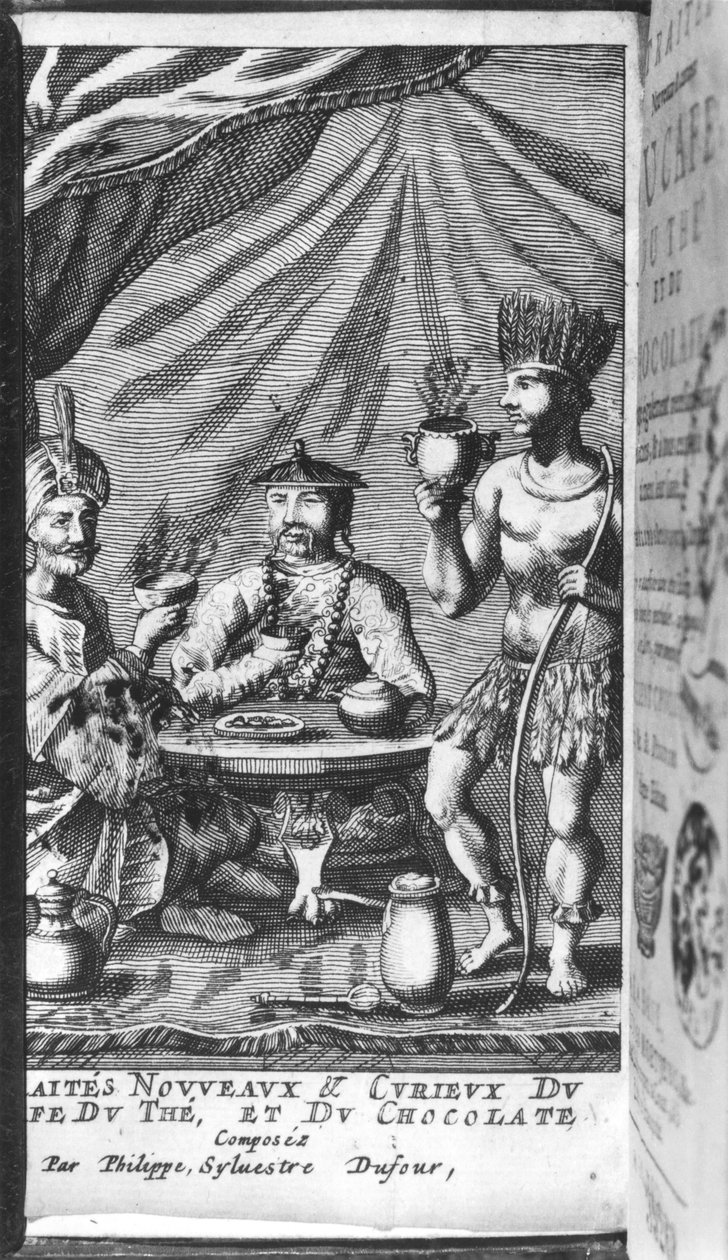 Ilustração do novo e curioso negócio de Cafe, The e Chocolate por Philippe Sylvestre Dufour, The Hague, publicado em 1693 de French School