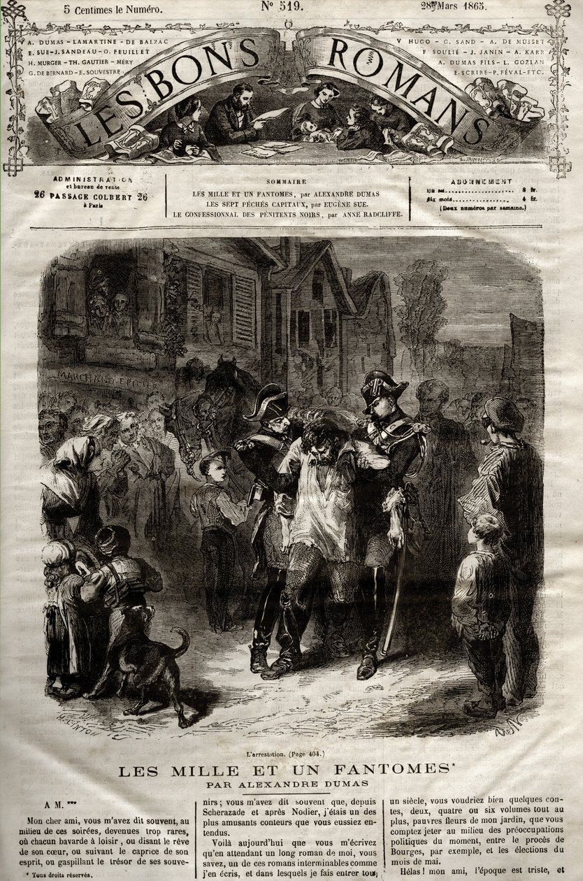 Ilustração do romance "The Thousand Un Fantomes" de Alexandre Dumas pere apareceu em "The Bons Romans" de 28/03/1865 de French School