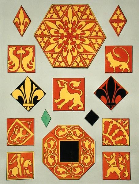 Ilustração de padrões de cerâmica do século XIII a partir de um livro de fontes de decoração (litho colorido) de French School