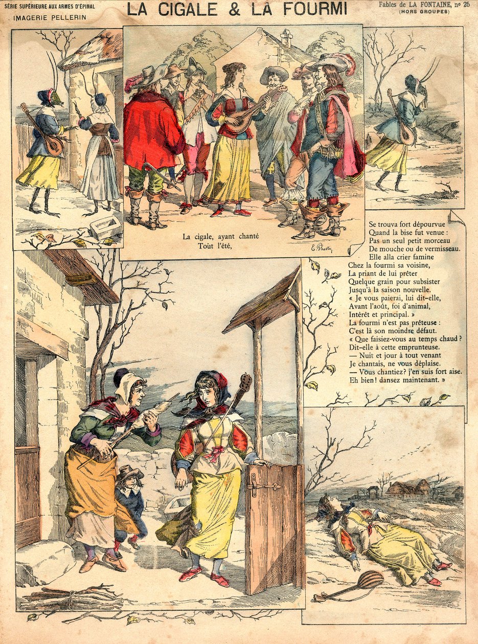 Ilustração das Fábulas de La Fontaine A Cigarra e a Formiga, gravura, c. 1890 de French School