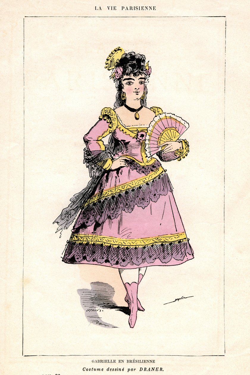 Ilustração de "La Vie Parisienne", peça e ópera (ópera-comida) de Jacques Offenbach sobre um libreto de Ludovic Halevy e Henri (Henry) Meilhac, edição em livro pela Livraria Illustree 1875 - Gabrielle em Bresilienne: figurino desenhado por Draner (1833-192 de French School