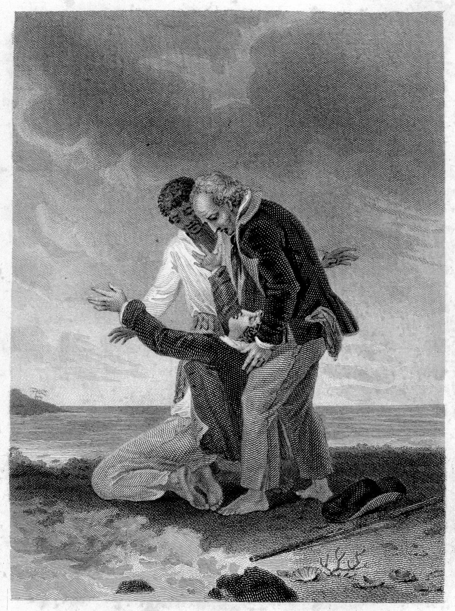 Ilustração de "Paulo e Virgínia": Paul em frente ao mar. Romano de Henri Bernardin de Saint Pierre (Saint-Pierre ou St-Pierre), escritor francês (1737-1814). de French School