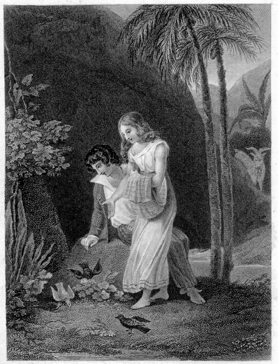 Ilustração de "Paulo e Virgínia". Romano de Henri Bernardin de Saint Pierre (Saint-Pierre ou St-Pierre), escritor francês (1737-1814). de French School