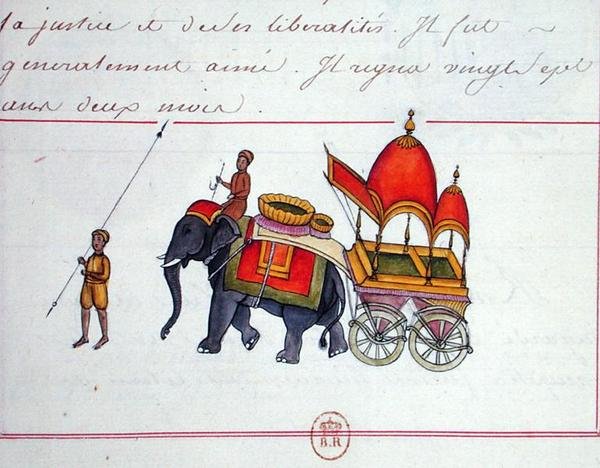 Ilustração de um elefante puxando um carrinho, início do século XIX (papel) de French School