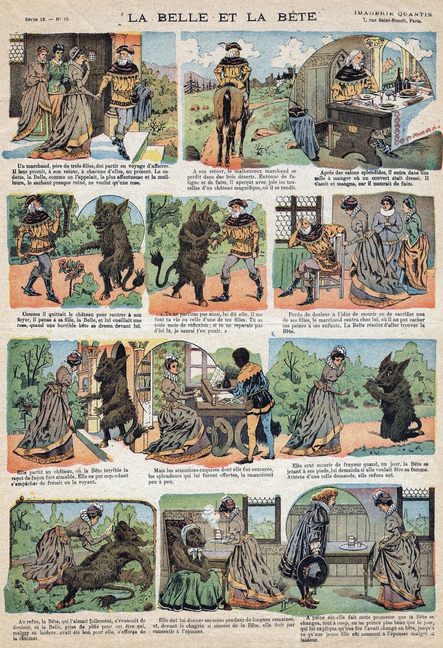 Ilustração do conto "La Belle et la Bete". Gravação da imagem de Quinn, por volta de 1890. de French School