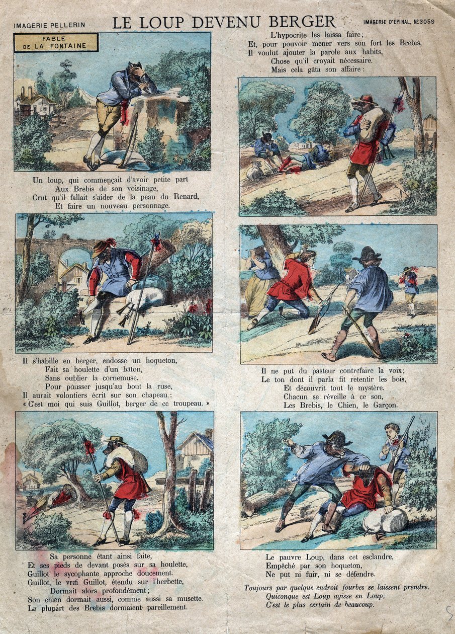 Ilustração da fábula de Jean de la Fontaine (1621-1695): o lobo tornou-se pastor. Imagem epinal do final do século XIX. de French School