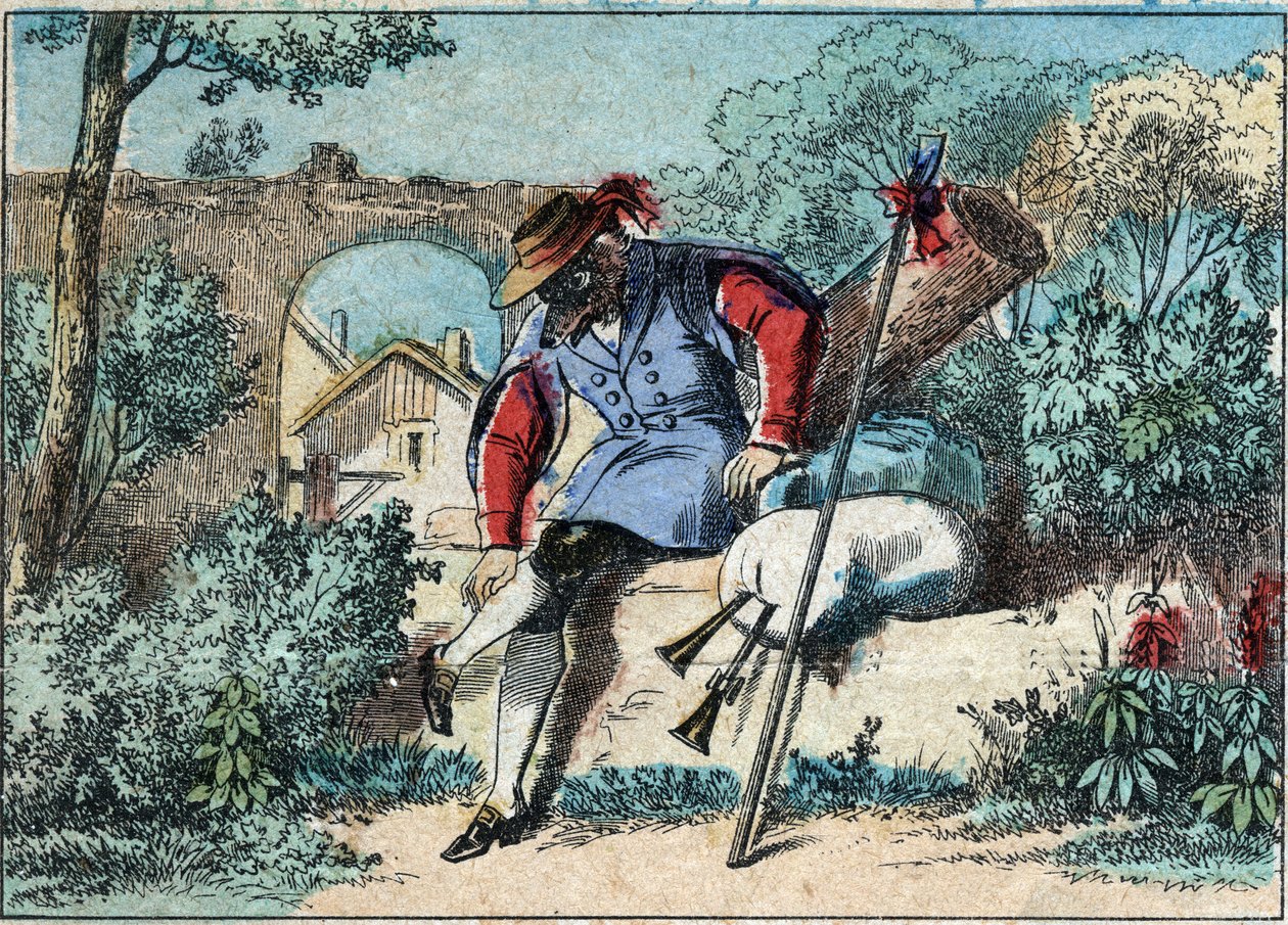 Ilustração da fábula de Jean de la Fontaine (1621-1695): o lobo tornou-se pastor. Imagem epinal do final do século XIX. de French School