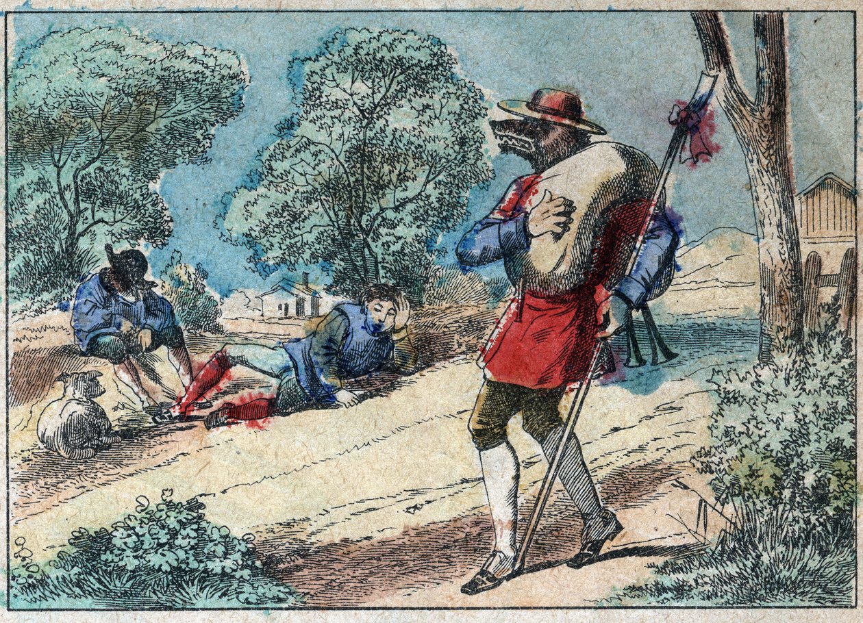 Ilustração da fábula de Jean de la Fontaine (1621-1695): o lobo tornou-se pastor. Imagem epinal do final do século XIX. de French School