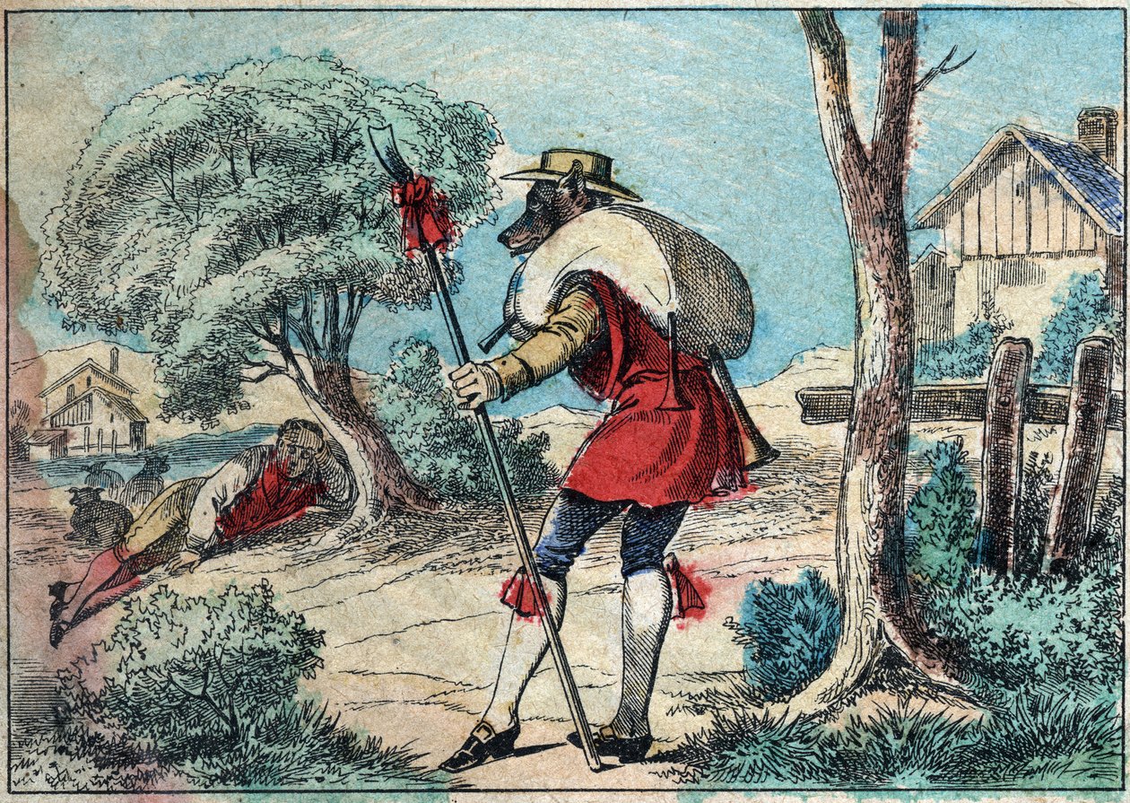 Ilustração da fábula de Jean de la Fontaine (1621-1695): o lobo tornou-se pastor. Imagem epinal do final do século XIX. de French School