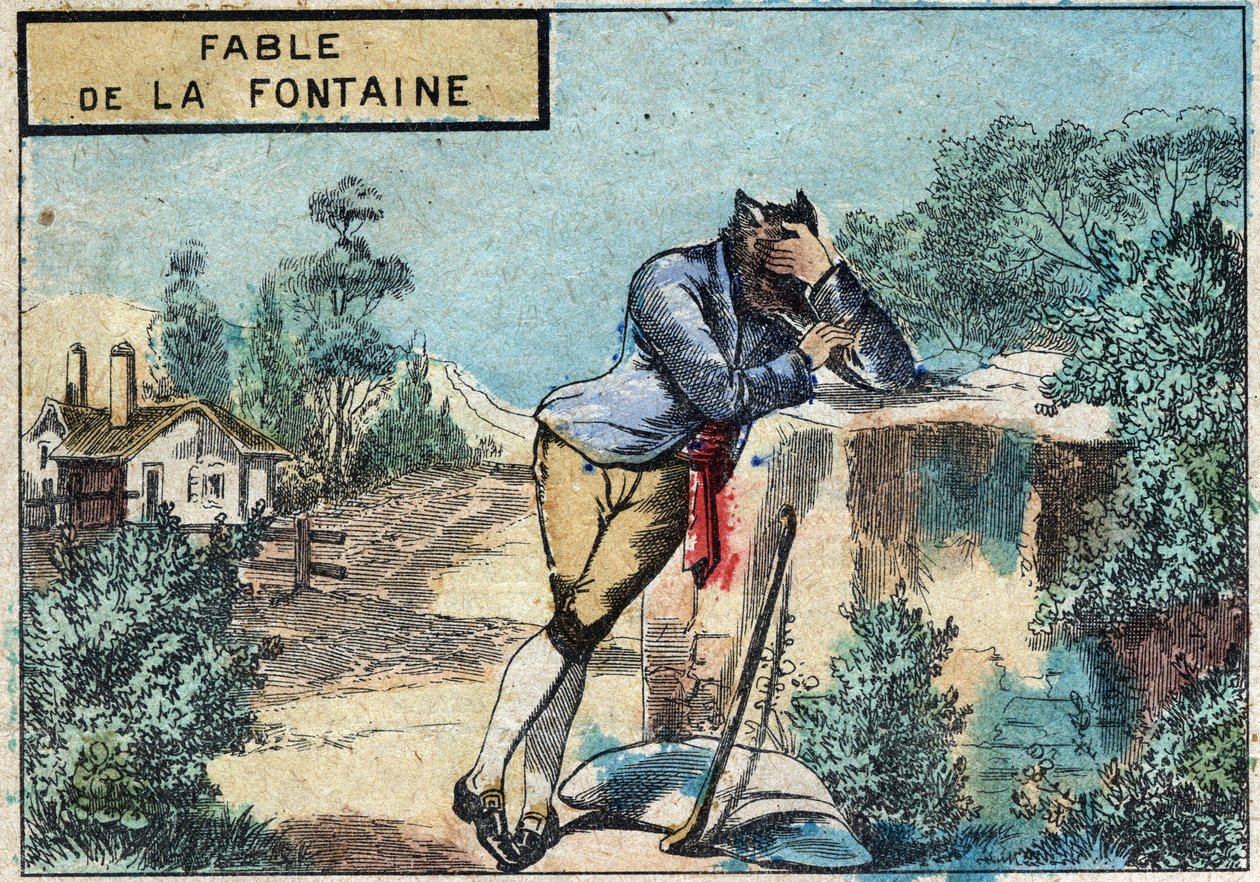 Ilustração da fábula de Jean de la Fontaine (1621-1695): o lobo tornou-se pastor. Imagem epinal do final do século XIX. de French School