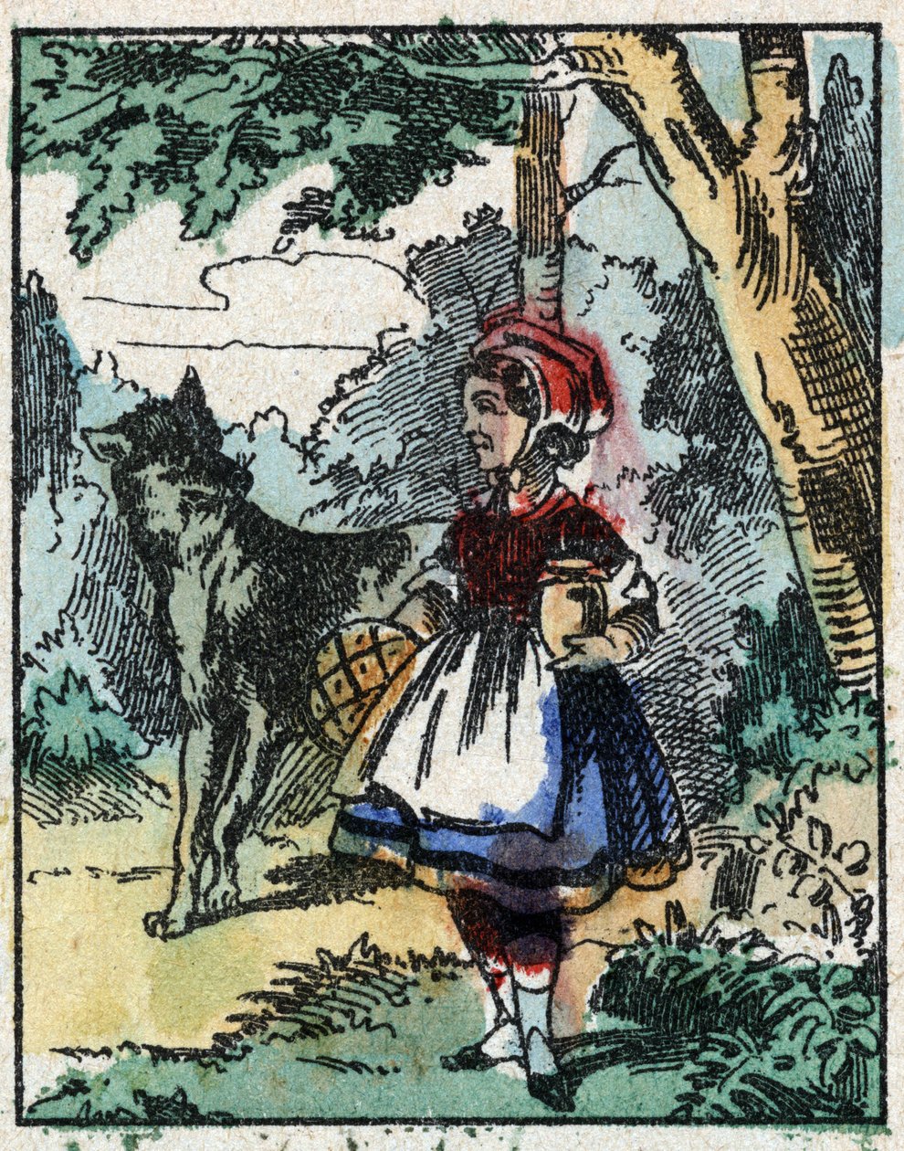 Ilustração do conto "O Capuchinho Vermelho", de Charles Perrault. Gravura em madeira de Imaging Pellerin - Epinal, sd. Final do século XIX. de French School