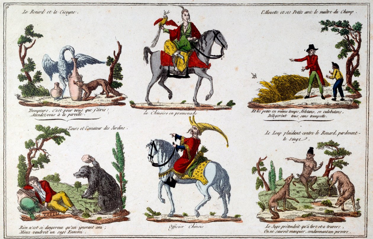 Placa de ilustração para as fábulas de Jean de La Fontaine (1621-1695): a Raposa e a Cegonha, o andarilho chinês, o urso e o amante do jardim, o oficial chinês. Gravura de French School