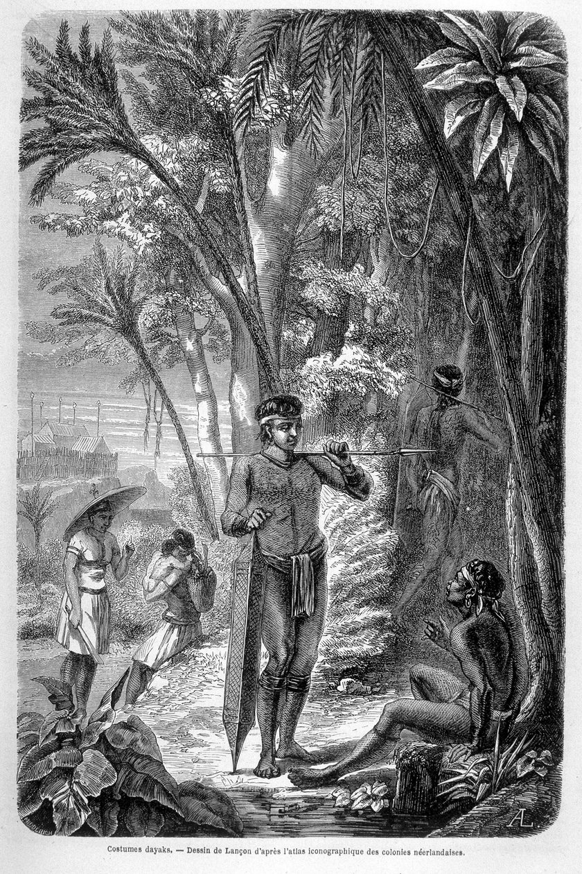Ilustração publicada na edição de 1862 de "Le Tour du monde", representando um habitante dayak da ilha de Bornéu. Gravura. de French School