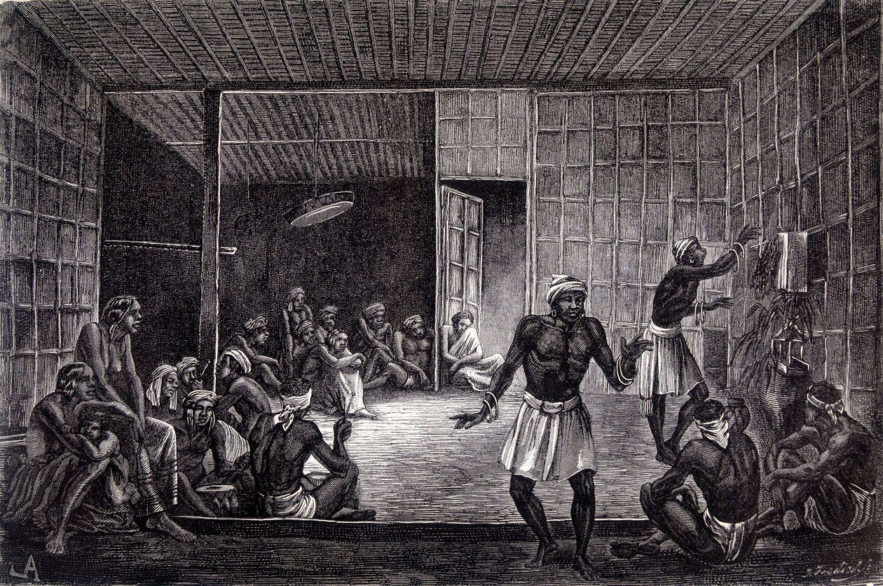 Ilustração publicada na edição de 1862 de "Le Tour du monde", retratando uma sessão de exorcismo praticado pelos Dayaks na ilha de Bornéu. Gravura. de French School