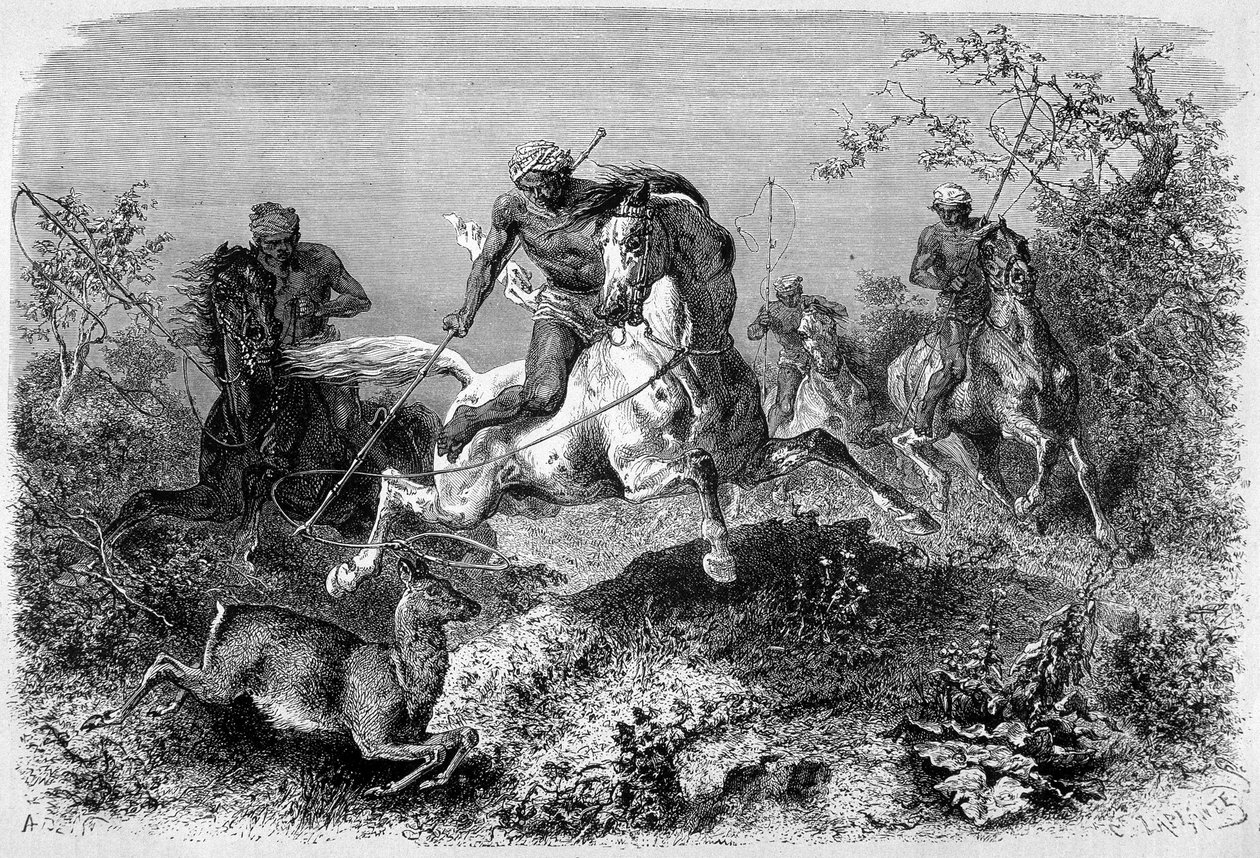 Ilustração publicada na edição do "Le Tour du monde" de 1870 - 1871 retratando uma caça ao dique na ilha de Bornéu. Gravura. de French School