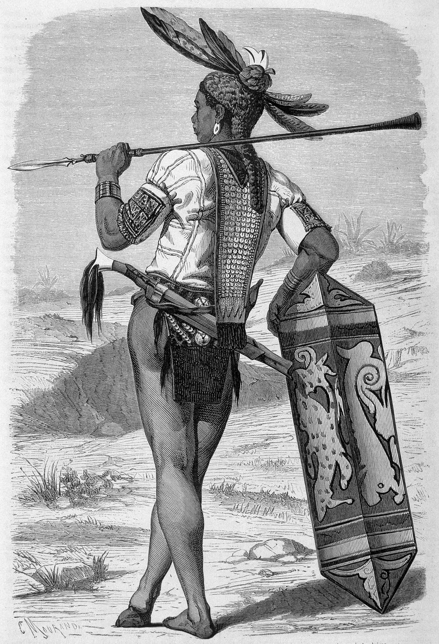 Ilustração publicada na edição do "Le Tour du monde" de 1870 - 1871 retratando um dayak (indígena) na ilha de Bornéu. Gravura. de French School