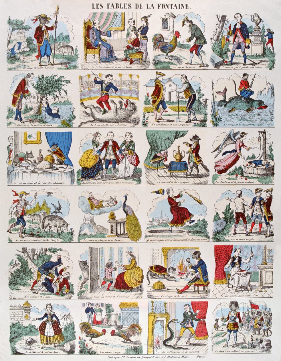 Ilustrações para Fábulas por Jean de La Fontaine (1621-95) imagerie Gangel e P. Didion em Metz (gravura colorida) de French School