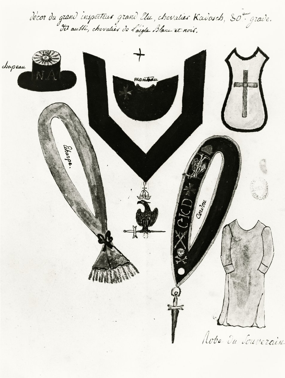 Ilustrações de regalia maçônica e vestimenta do Cavaleiro Kadosh, 30º grau, no Rito Escocês da Maçonaria, 1813 (caneta, tinta e guache sobre papel) de French School