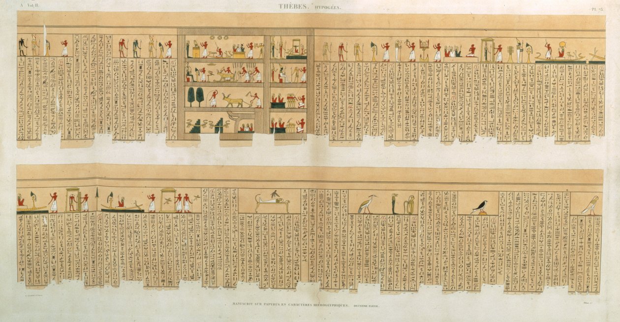Ilustrações de um manuscrito Pampus com hieróglifos, Hypogees, Tebas, placa 75 de Vol II de `Descrições do Egito`, gravado por Willemin, pub. 1822 (aquatinta) de French School