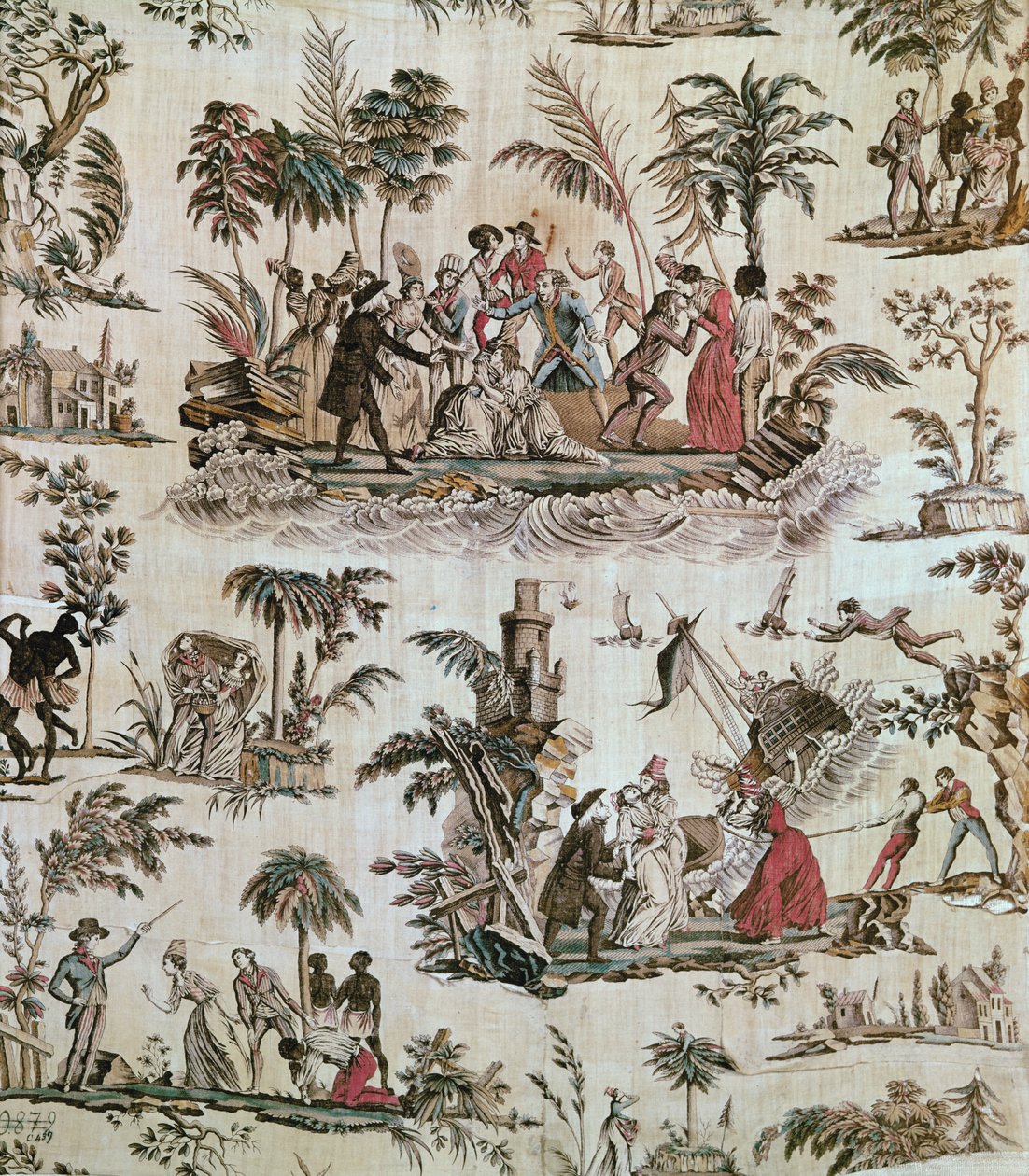 Ilustrações de incidentes do romance Paul e Virginia, Canvas of Nantes, c.1800 (algodão estampado) de French School