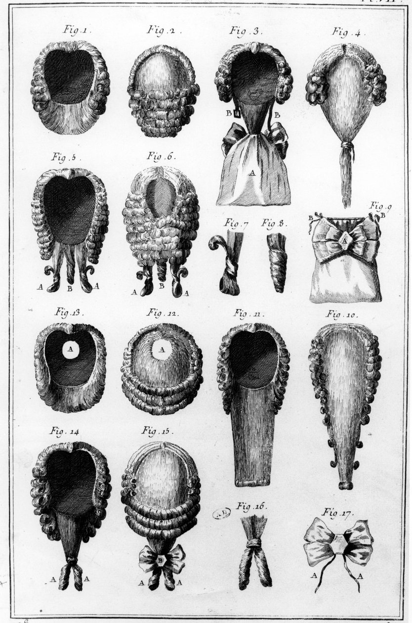 Ilustrações de várias modas de peruca, prato VII, vol.8, da Encyclopédie des Sciences et Metiers de Diderot, publicado c.1770 de French School