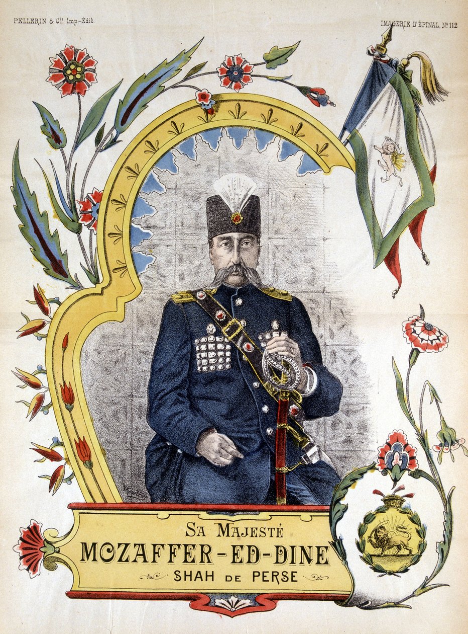 Imagem do xá da Pérsia, Mozaffer ed dine (Mozaffer-ed-dine, Mozzafar-al-Din, Mozzafar al Din, Mozaffaredin) de 1896 a 1906. de French School