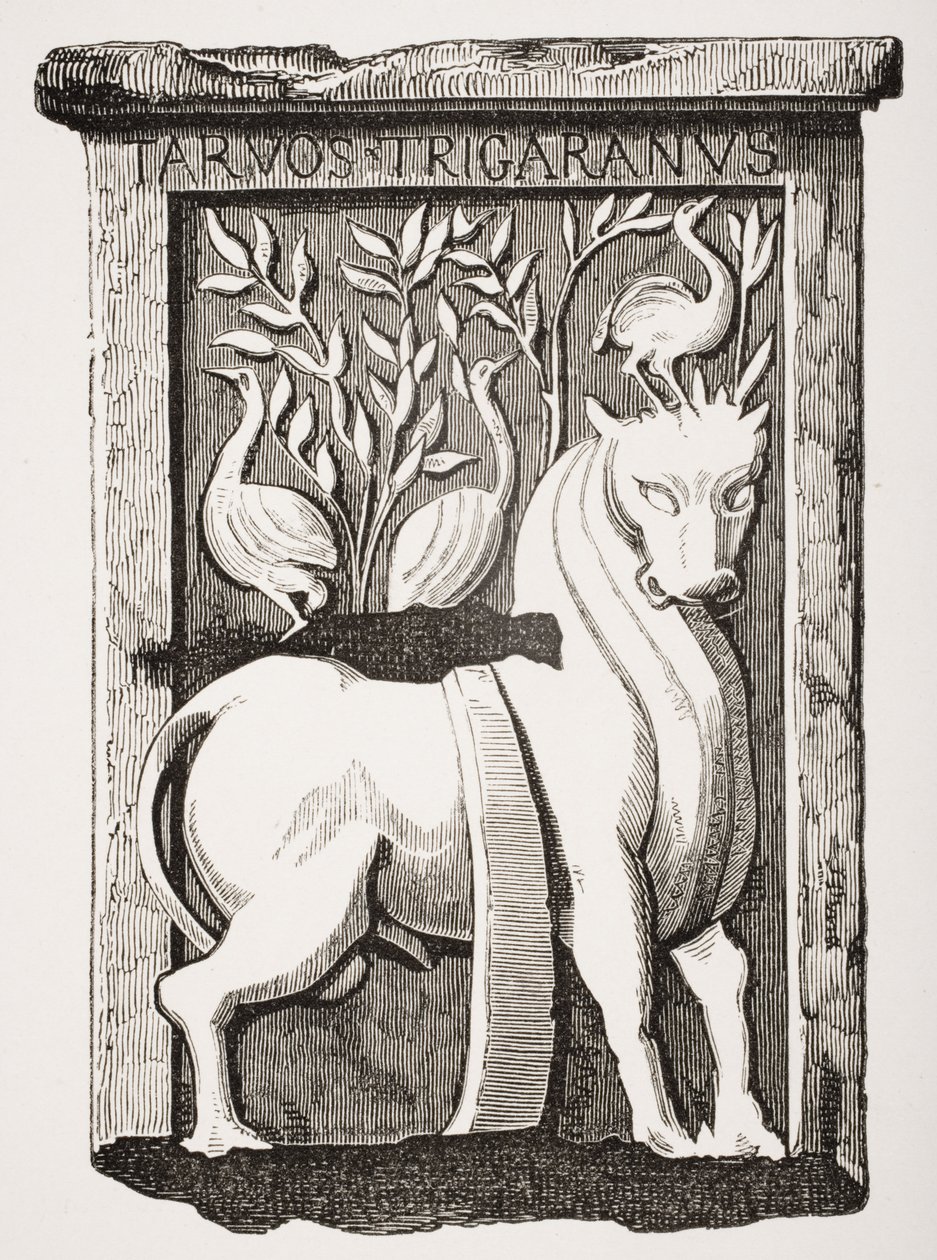 Imagem do monumento Holy Ox Celtic encontrado sob o coro da Catedral de Notre Dame em Paris em 1711, de Le Moyen Age et La Renaissance por Paul Lacroix (1806-84) publicado em 1847 de French School