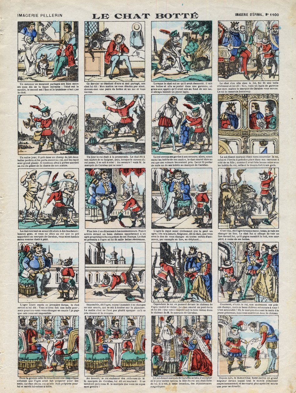 Imagens de Epinal de la Maison Pellerin - ca. 1913 - Ilustração do conto de Charles Perrault "The cat botte" (O fundo do gato) de French School