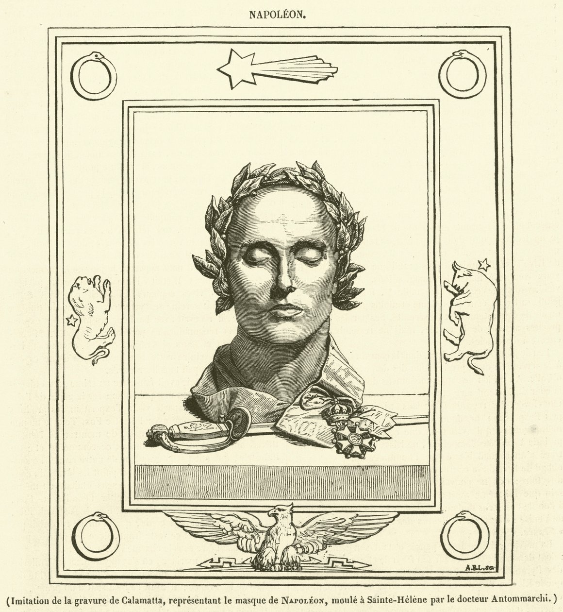 Imitação da gravura de Calamatta da máscara de Napoleão, moldada em Sainte-Helene pelo Dr. Antommarchi (gravura) de French School