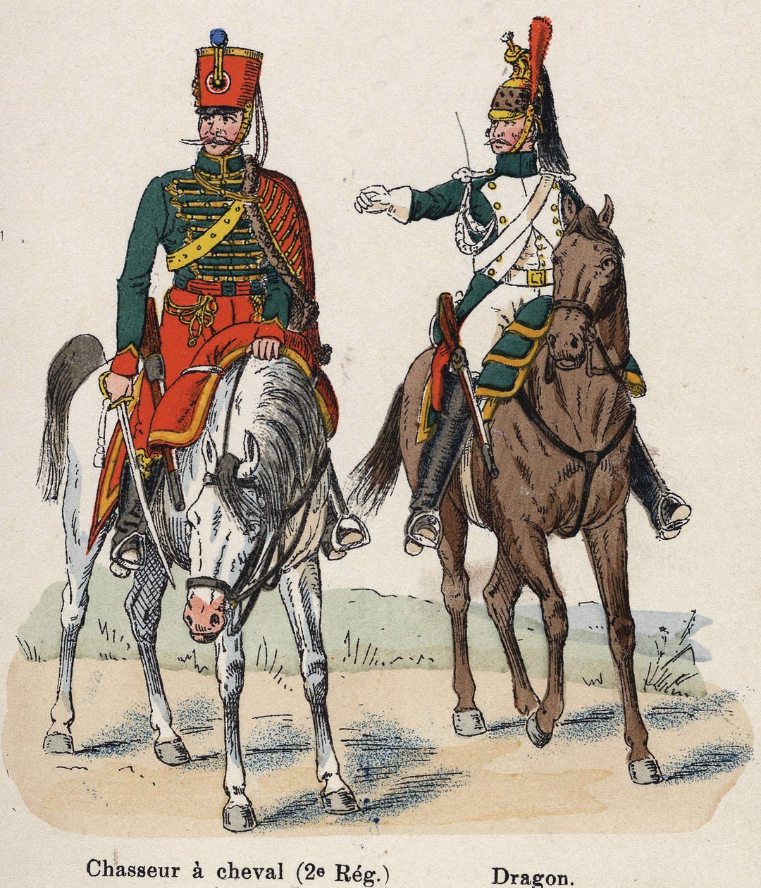 Guarda Imperial Napoleão I: Caçador de Cavalos (2º Regimento) e Dragão. Placa do livro Les Uniforms de l