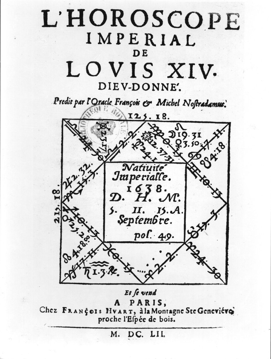 Horóscopo Imperial de Louis XIV (1638-1715) por Michel Nostradamus (1503-66) publicado por Francois Huart em Paris 1652 de French School