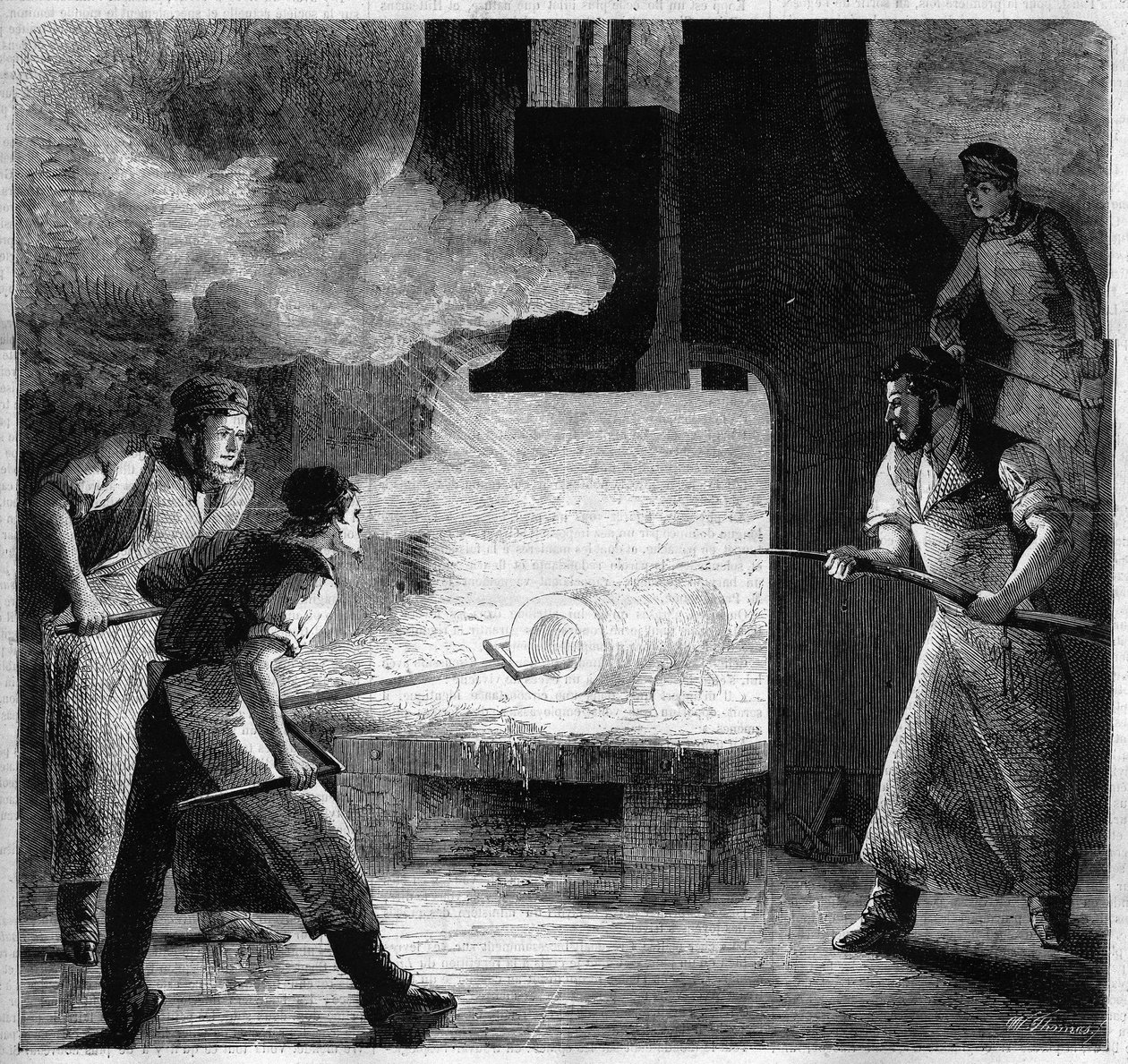 Fundição Imperiale de Douai, fabricação de um barril em haste de aço. gravura de French School