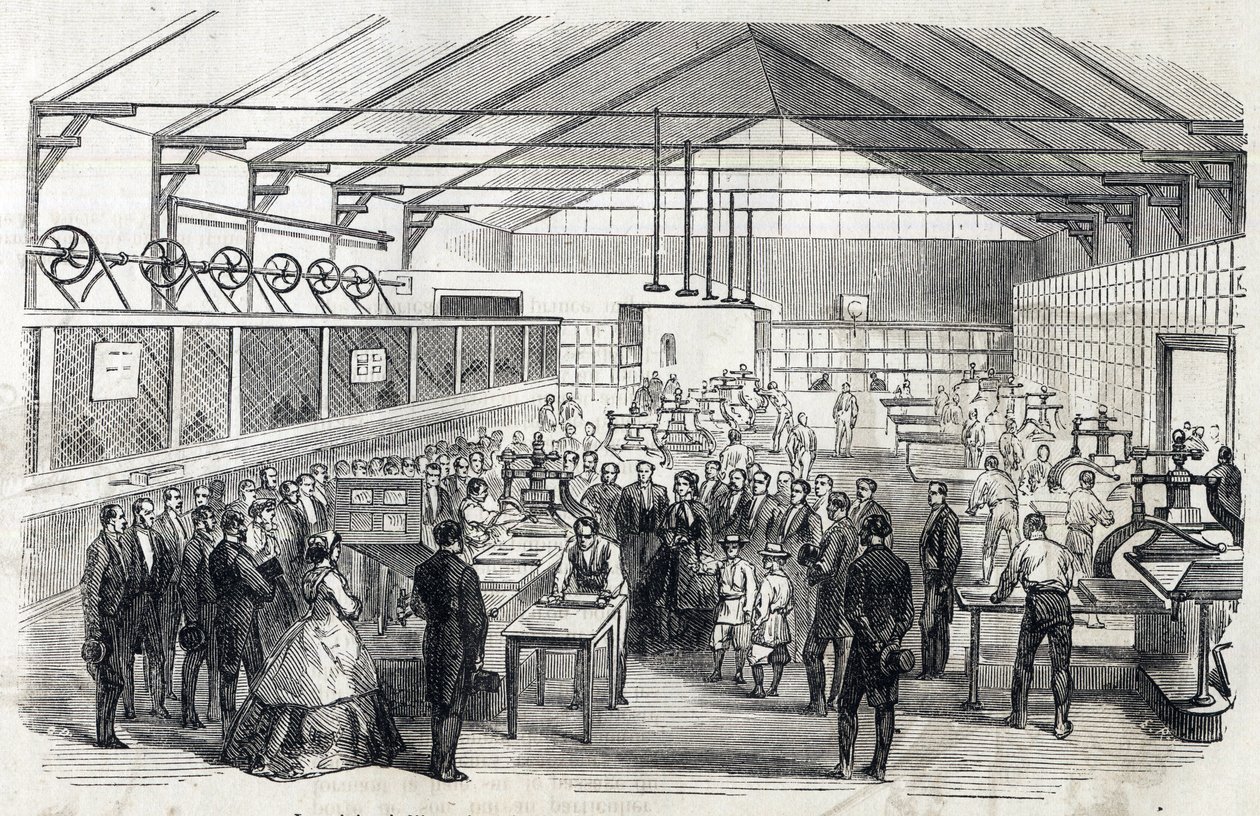 Impressionar Eugenie e o Príncipe Imperial visitam o Banque de France, 23 de Junho de 1866 - impressão de notas - gravação em Le MONDE Illustrous DU 07/07/1866 de French School