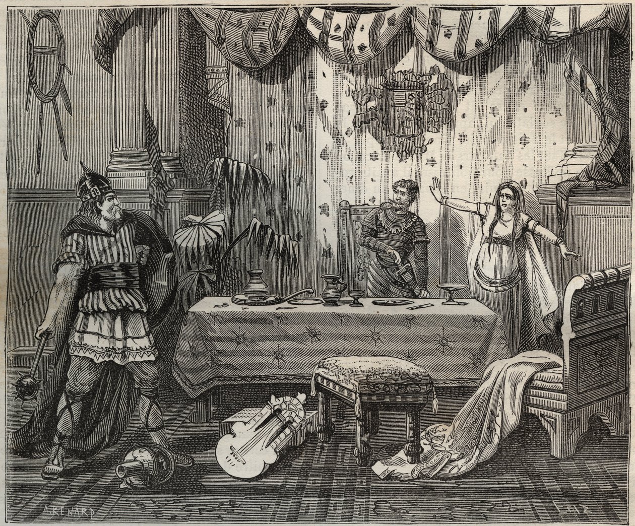 Em 978 Lothaire (941-986), o Rei dos Francos (Lothair) entrou no palácio de Otto II do Sacro Império (955-983) e sua esposa Theophano ou Theophanu ou Theophania Skleraina (655-991) em Aachen, mas a família imperiosa foi capaz de capturar. ilustração i de French School