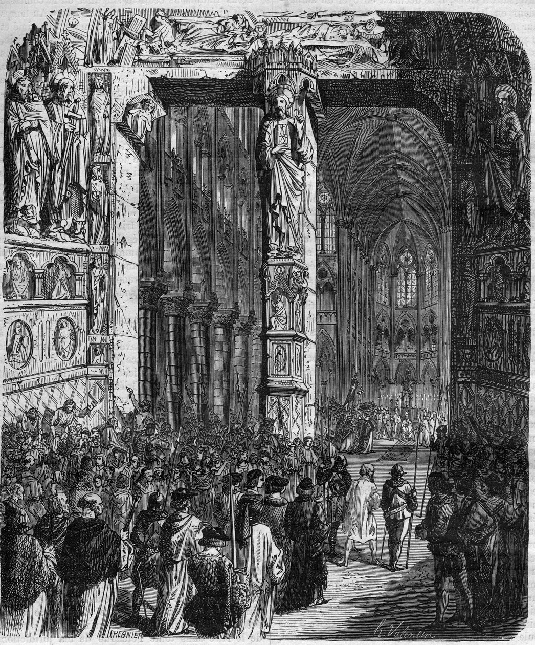 Em Canossa, o Imperador Henrique IV do Sacro Império Romano (1050 - 1106) em vestido penitente implora o perdão do Papa Gregoire VII (Hildebrand: 1015/20 - 1085) fazendo emendas honrosas. Crimes da Rainha Rei e Imperadores ao longo dos séculos" por Mauri de French School